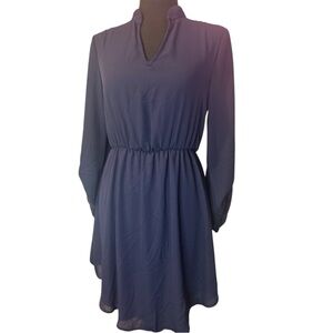 Poema Silky Navy V-Neck Mini Dress Flowy Button up 3/4 Sleeves Sz S